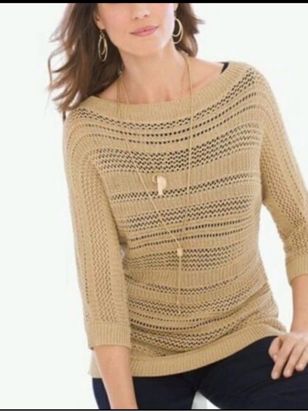 Chico’s Travelers Metallic Gold Open Knit Tunic Sweater Boat Neck Sz Large
